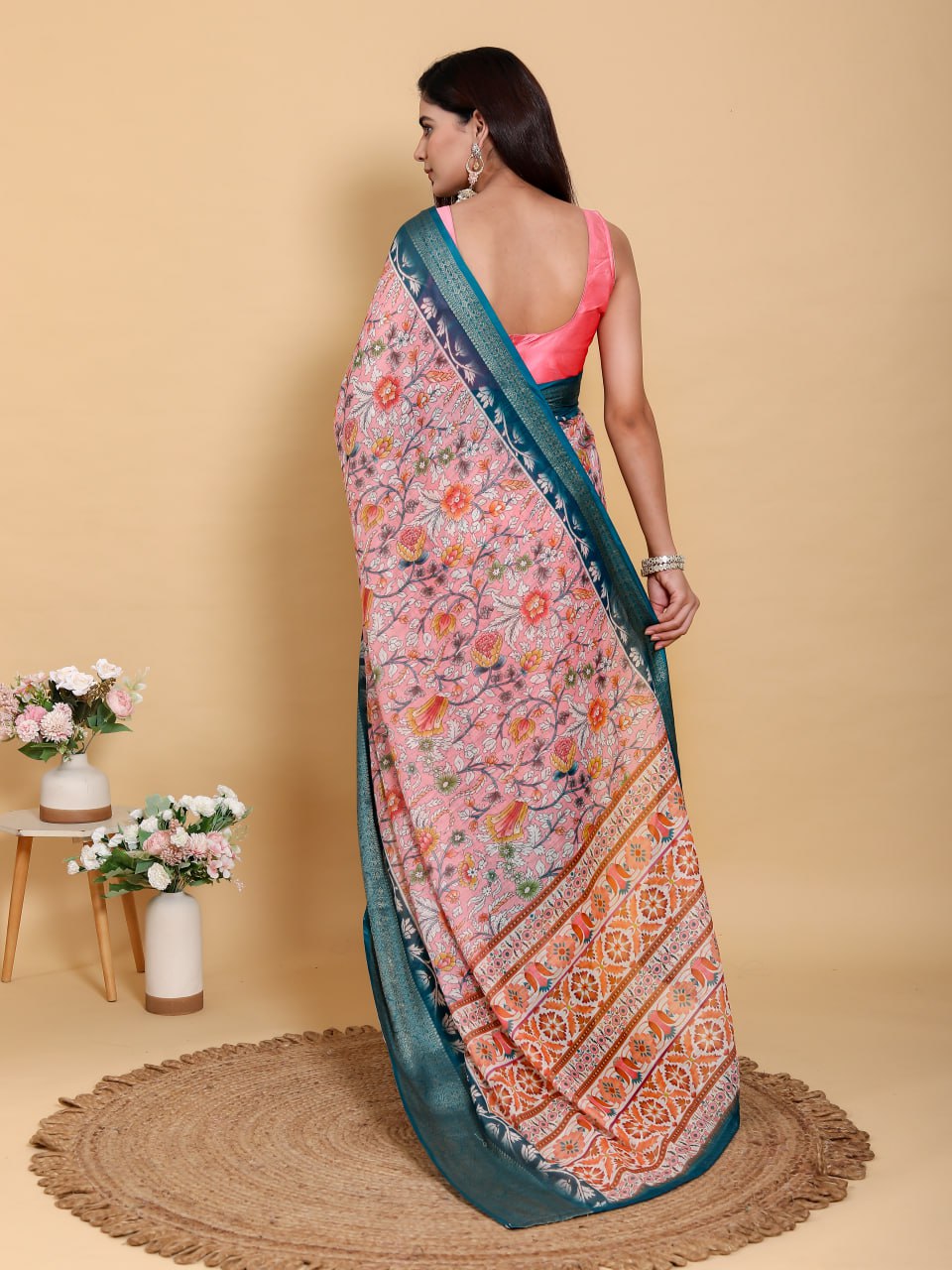 Elegant Rose Pink Floral Print Linen Cotton Saree