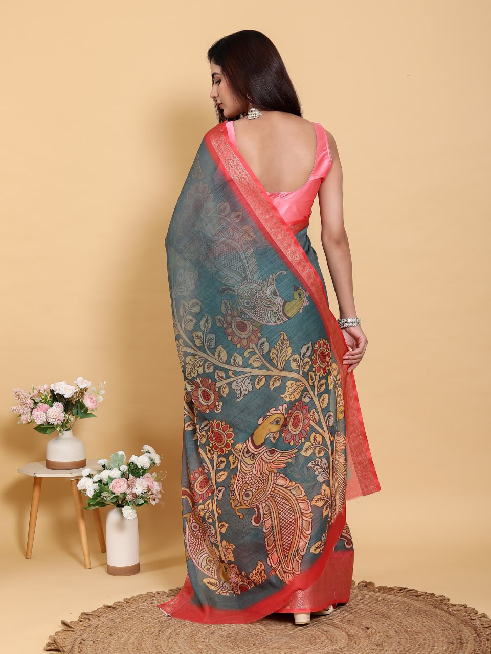 Elegant Peacock & Floral Kalamkari Design Linen Cotton Saree