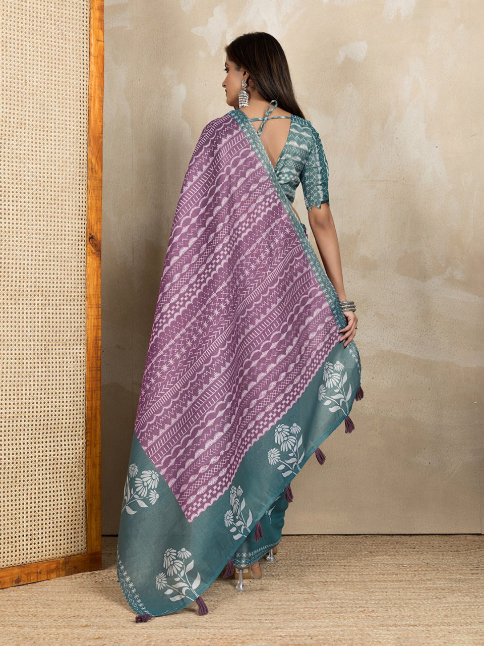 Graceful Purple & Teal Printed Silk Saree