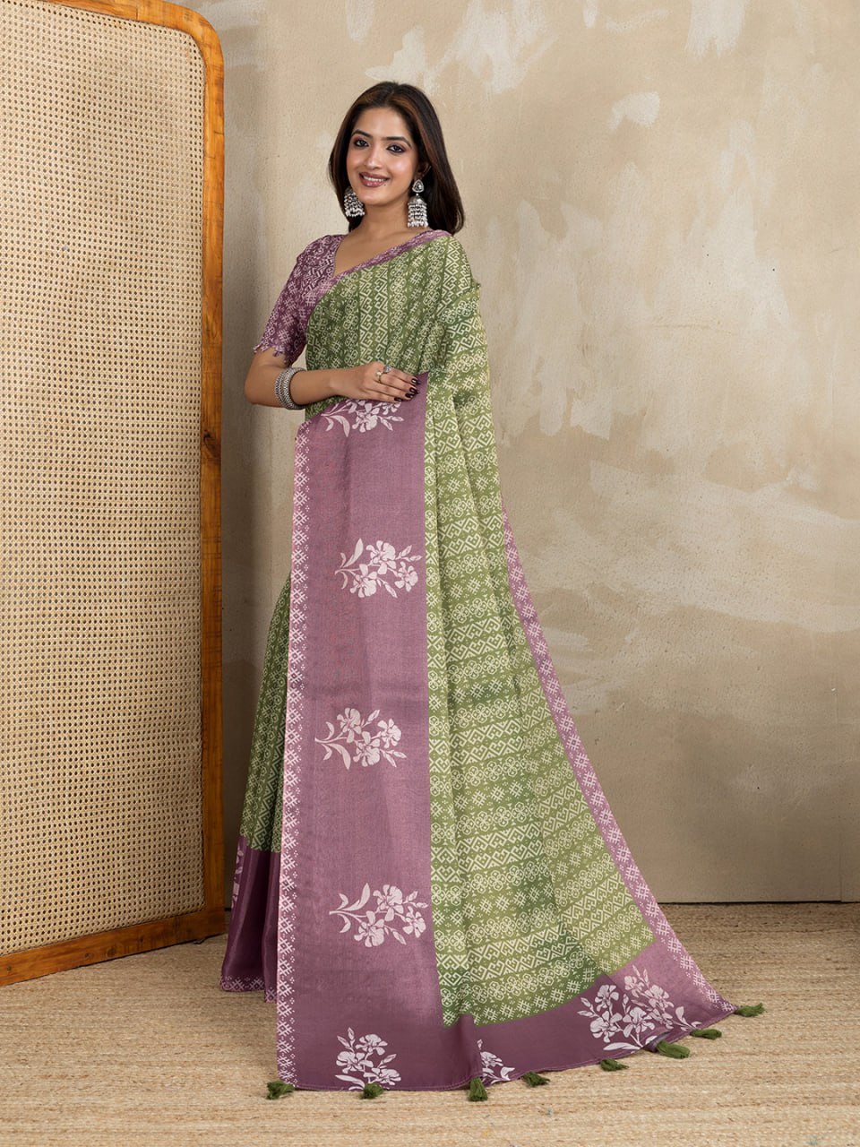 Mauve & Green Dual-Tone Printed Erode Anmol Silk Saree