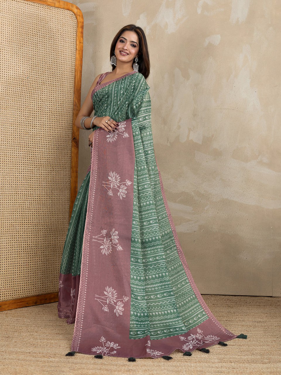 Green & Mauve Dual-Tone Printed Erode Anmol Silk Saree