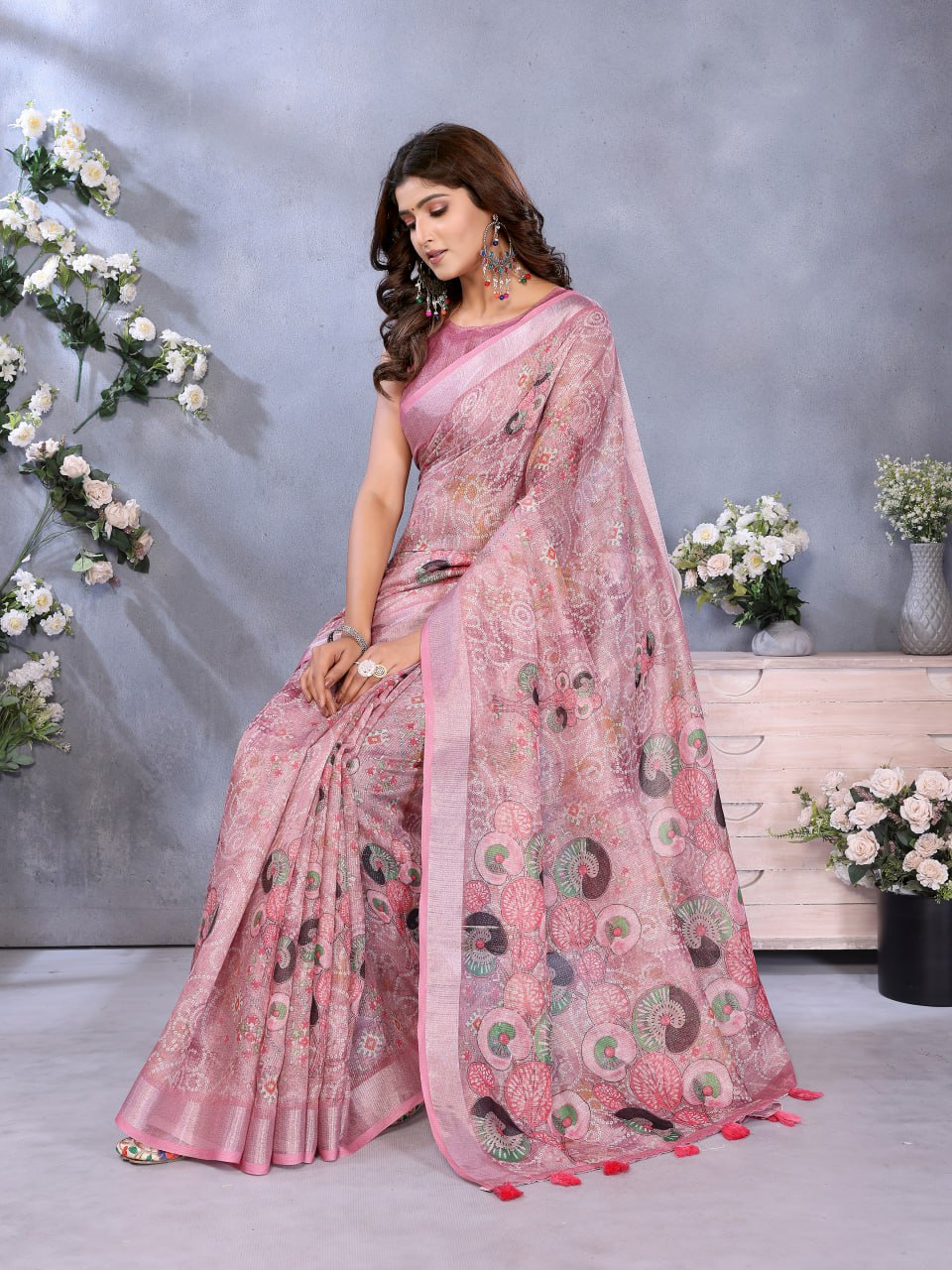 Rose Pink Ethnic Printed Saree