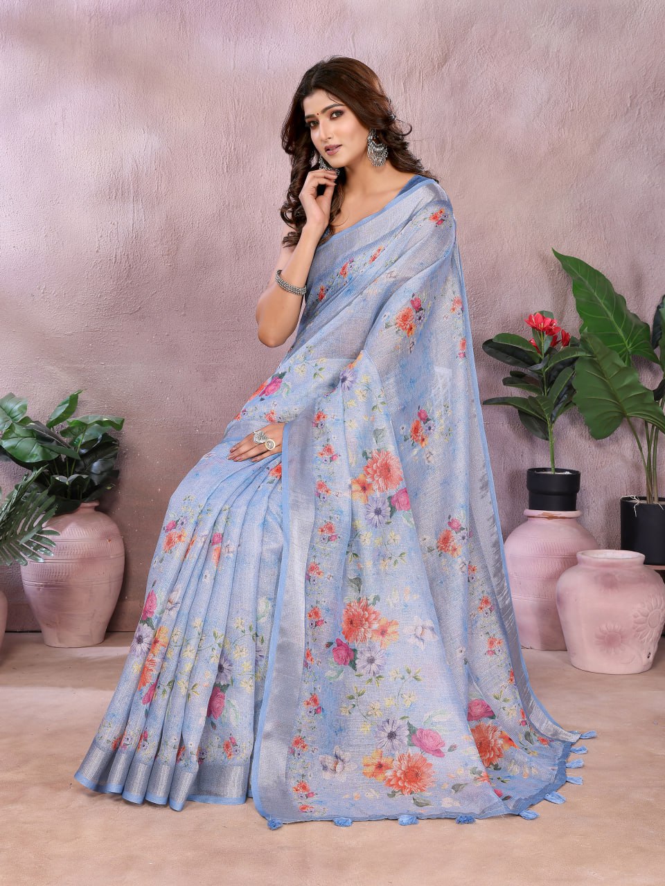 Sky Blue Floral Printed Saree