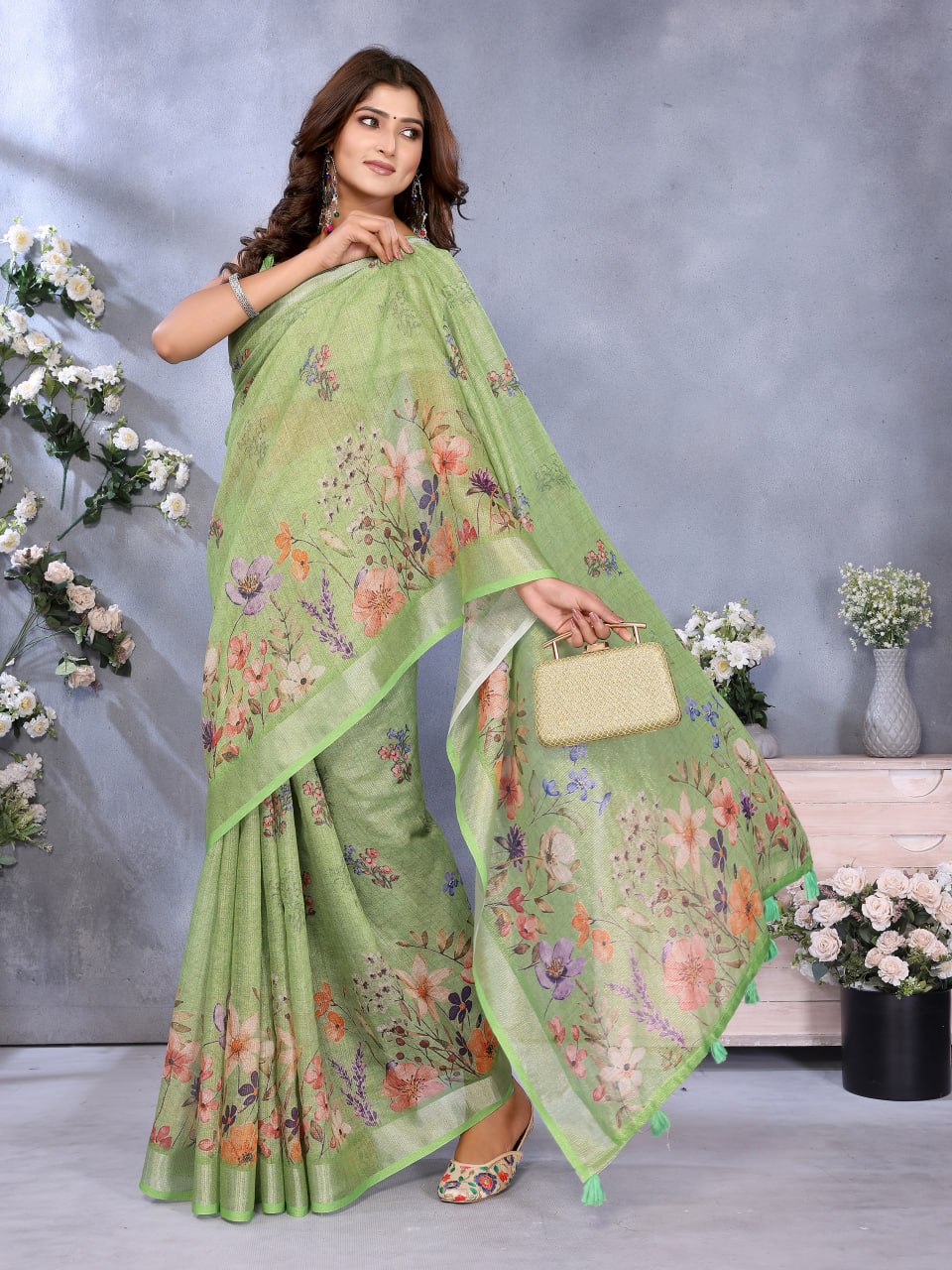 Lime Green Floral Printed Saree