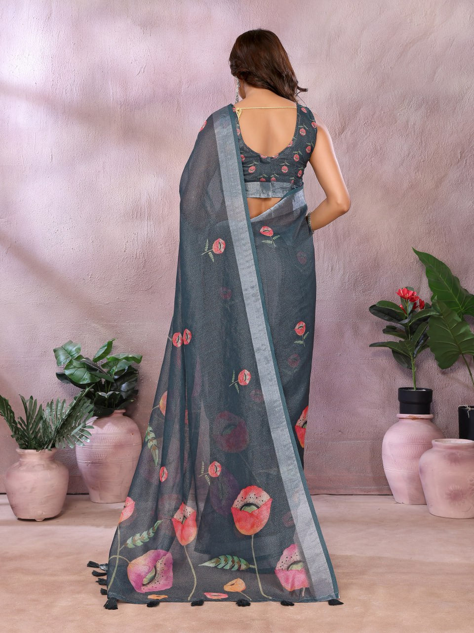 Grey Floral Linen Shimmer Saree
