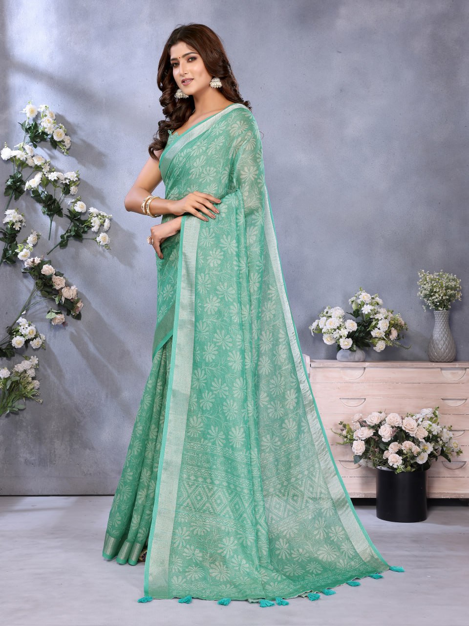 Sea Green Woven Pattern Saree