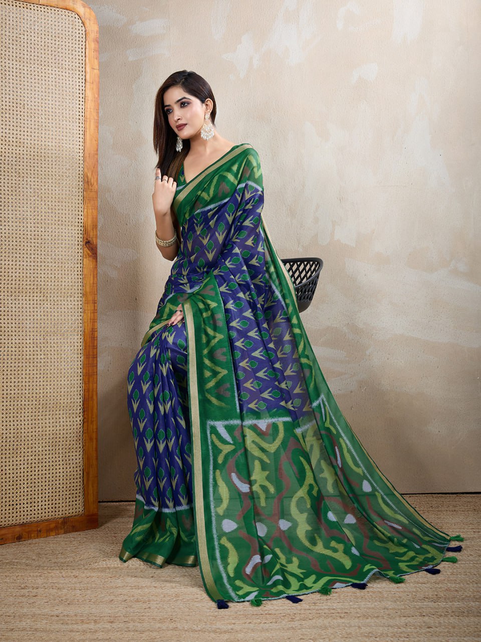 Green & Blue Ikat Printed Chanderi Saree