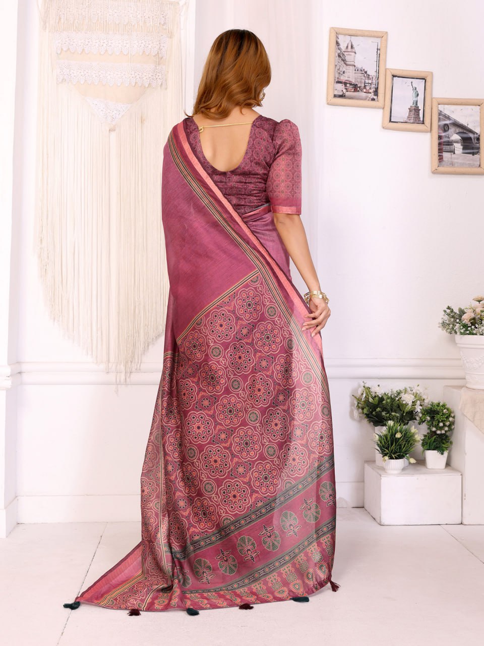Rosewood Elegance Chanderi Saree with Ethnic Motif Border