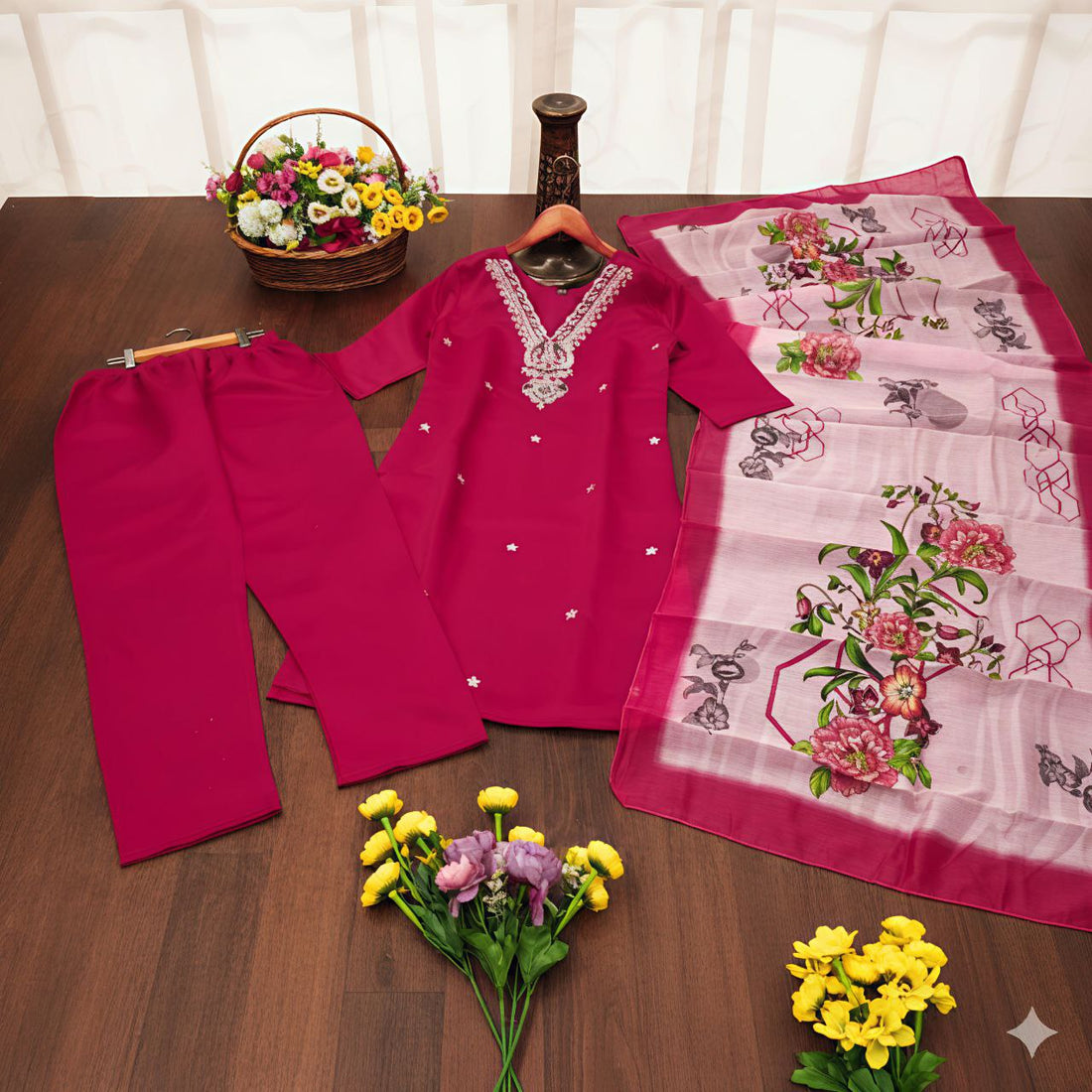 Roman Silk Embroidered Kurti Pant Set with Digital Printed Dupatta | Ethnic Wear