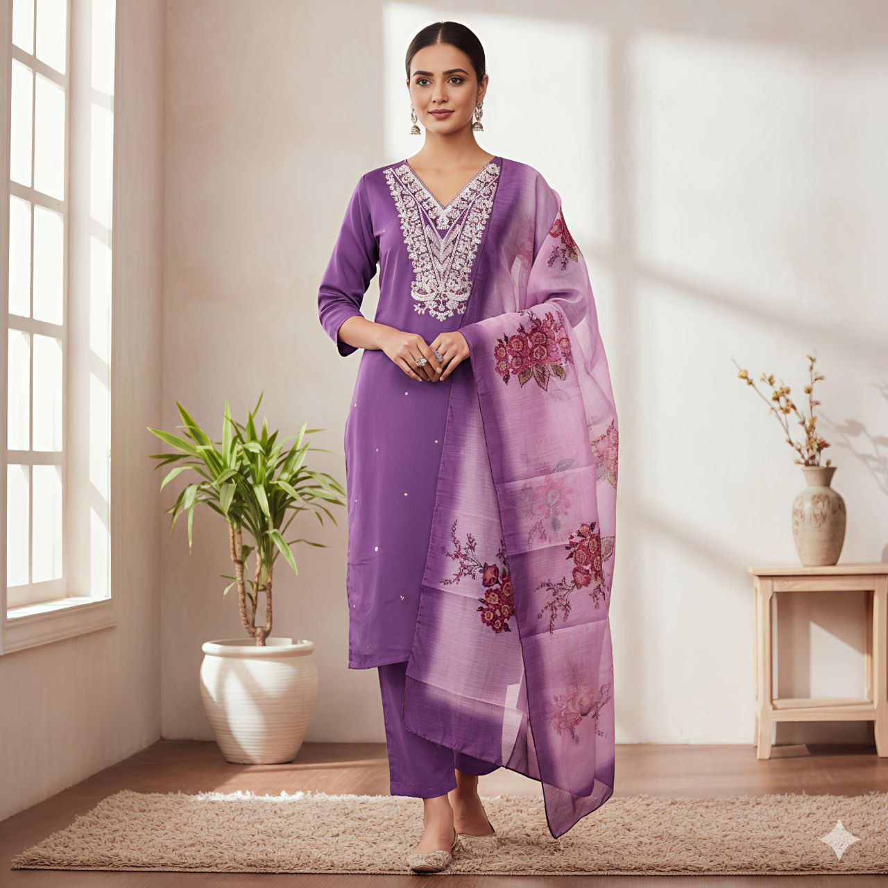 Designer Roman Silk Kurti Pant Dupatta Set with Embroidery Work