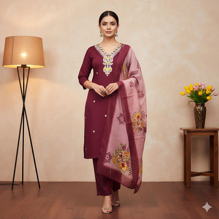 Women’s Roman Silk Embroidered Kurti with Pant & Printed Dupatta