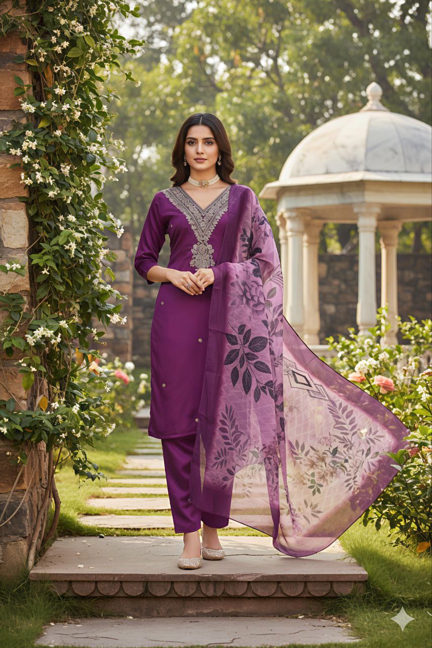 Elegant Roman Silk Embroidery Kurti Pant Set with Digital Print Dupatta