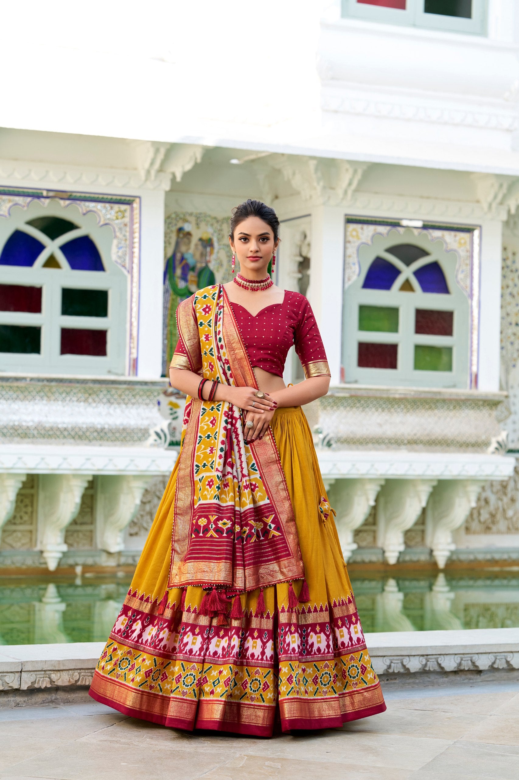 Tussar Silk Lehenga Choli Set with Floral Foil Work & Dupatta