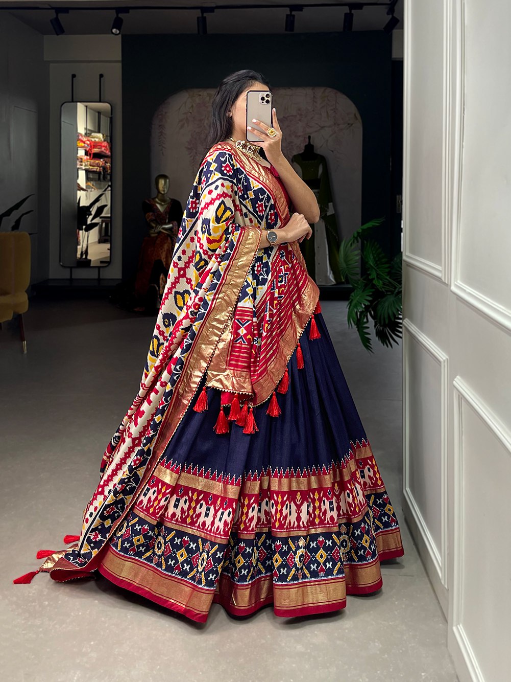 Designer Mirror Tussar Silk Lehenga Choli Set with Foil Floral Work