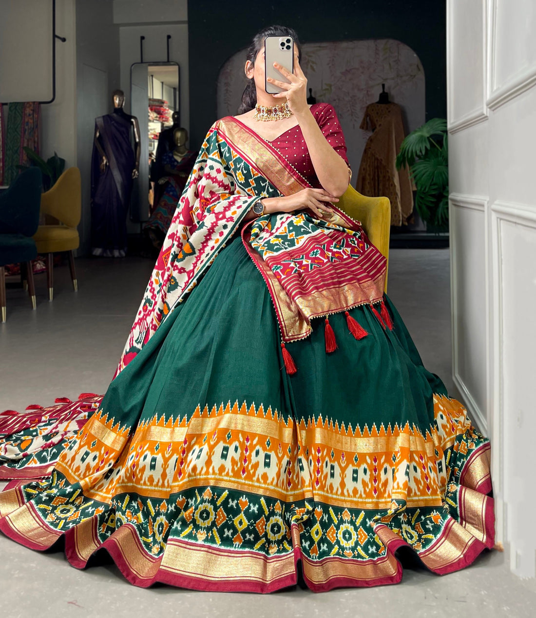 Women’s Mirror Tussar Silk Lehenga Choli with Floral Print & Dupatta