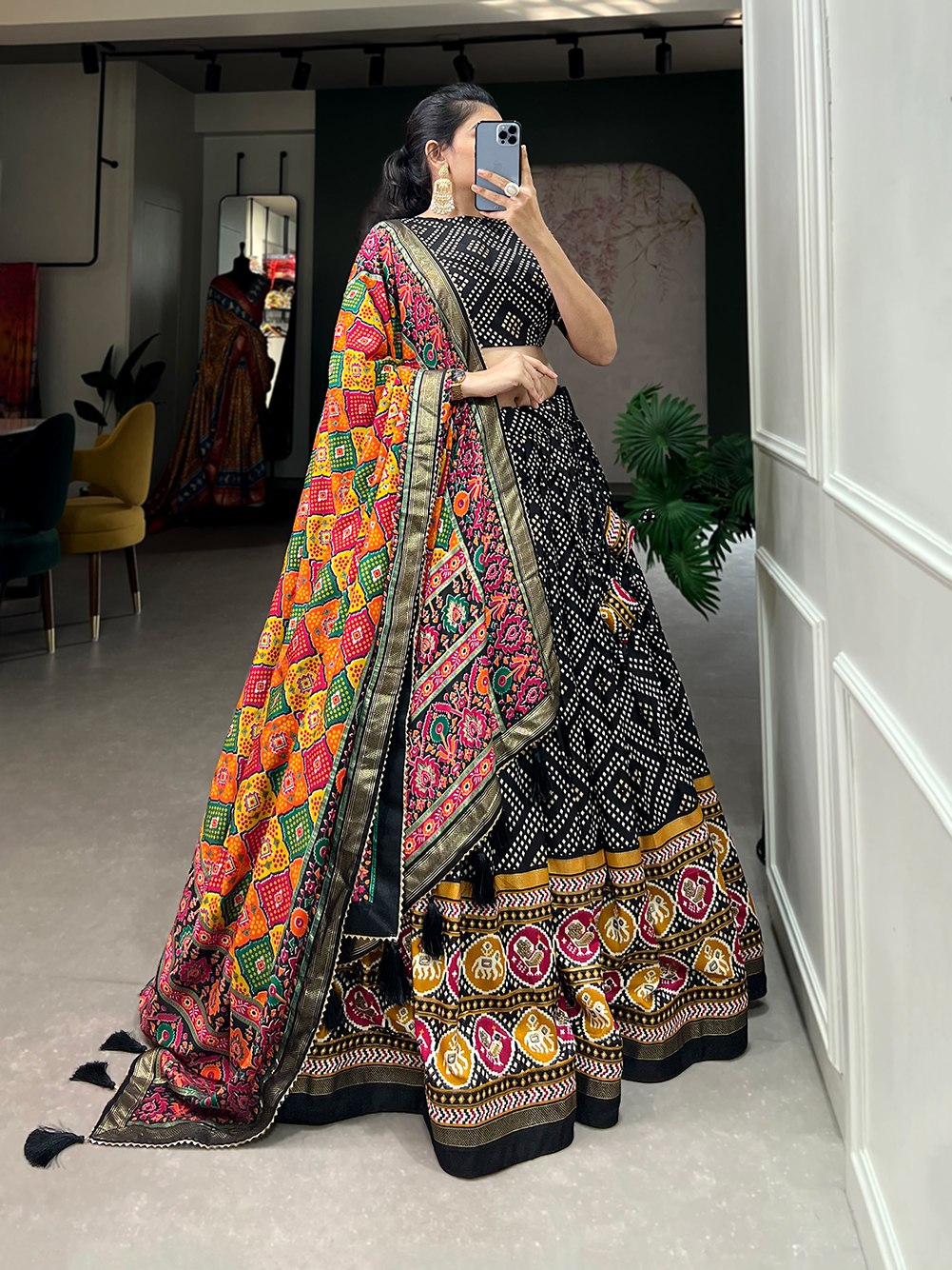 Designer Banzran Tussar Silk Lehenga Choli with Floral Foil Work