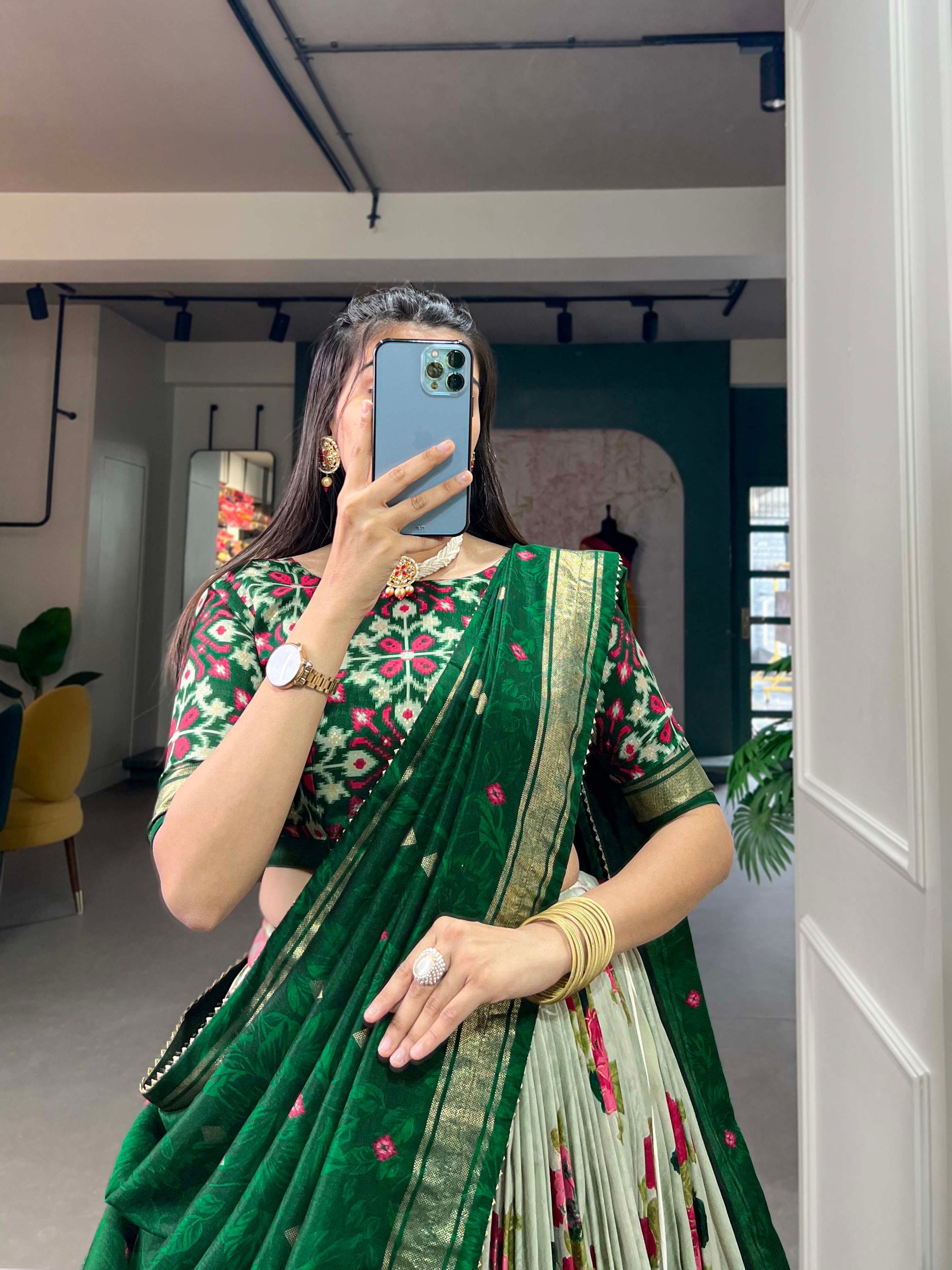 Festive Tussar Silk Floral Printed Lehenga Choli Set with Dupatta