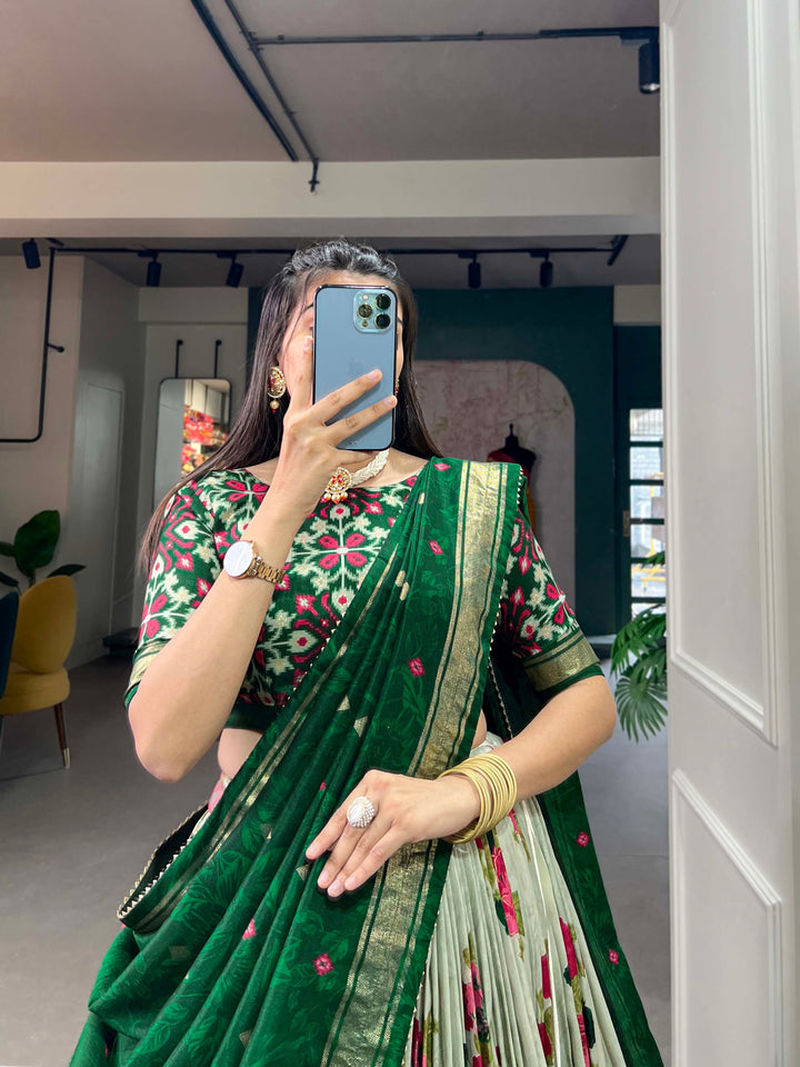 Festive Tussar Silk Floral Printed Lehenga Choli Set with Dupatta