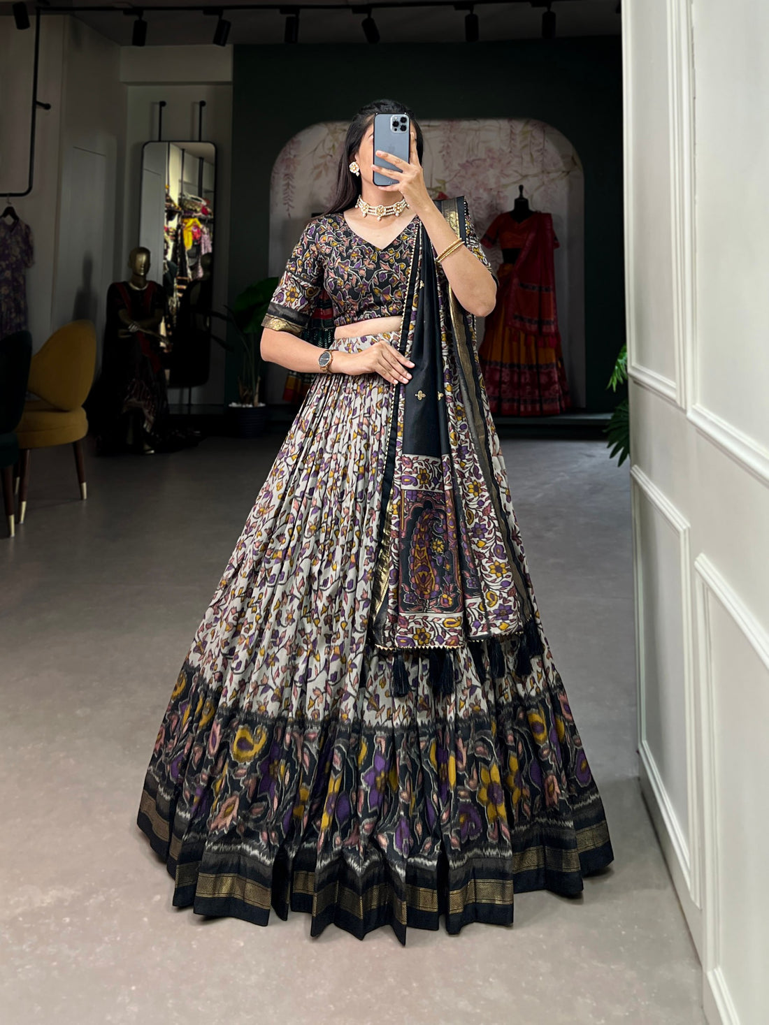 Luxury Floral Printed Tussar Silk Lehenga Choli with Designer Dupatta