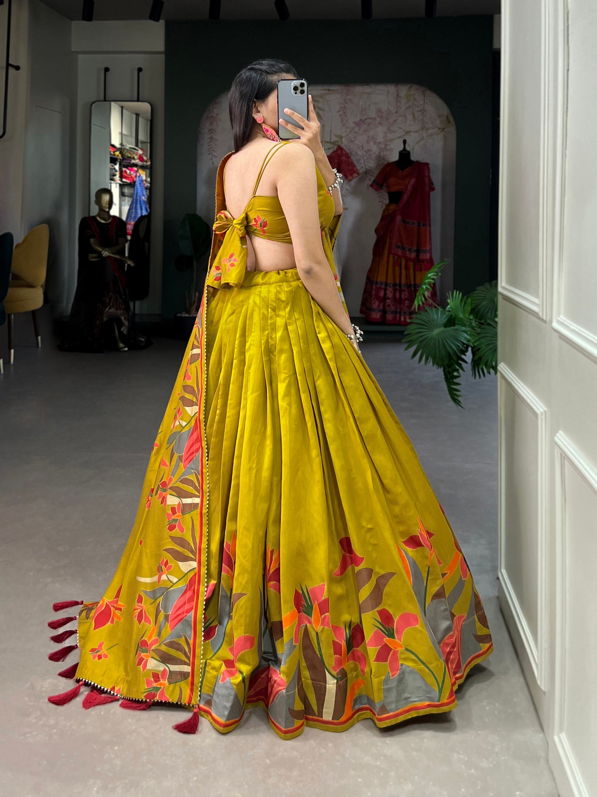 Premium Tussar Silk Lehenga Set – Floral Print, Foil Work & Gotta Patti Dupatta