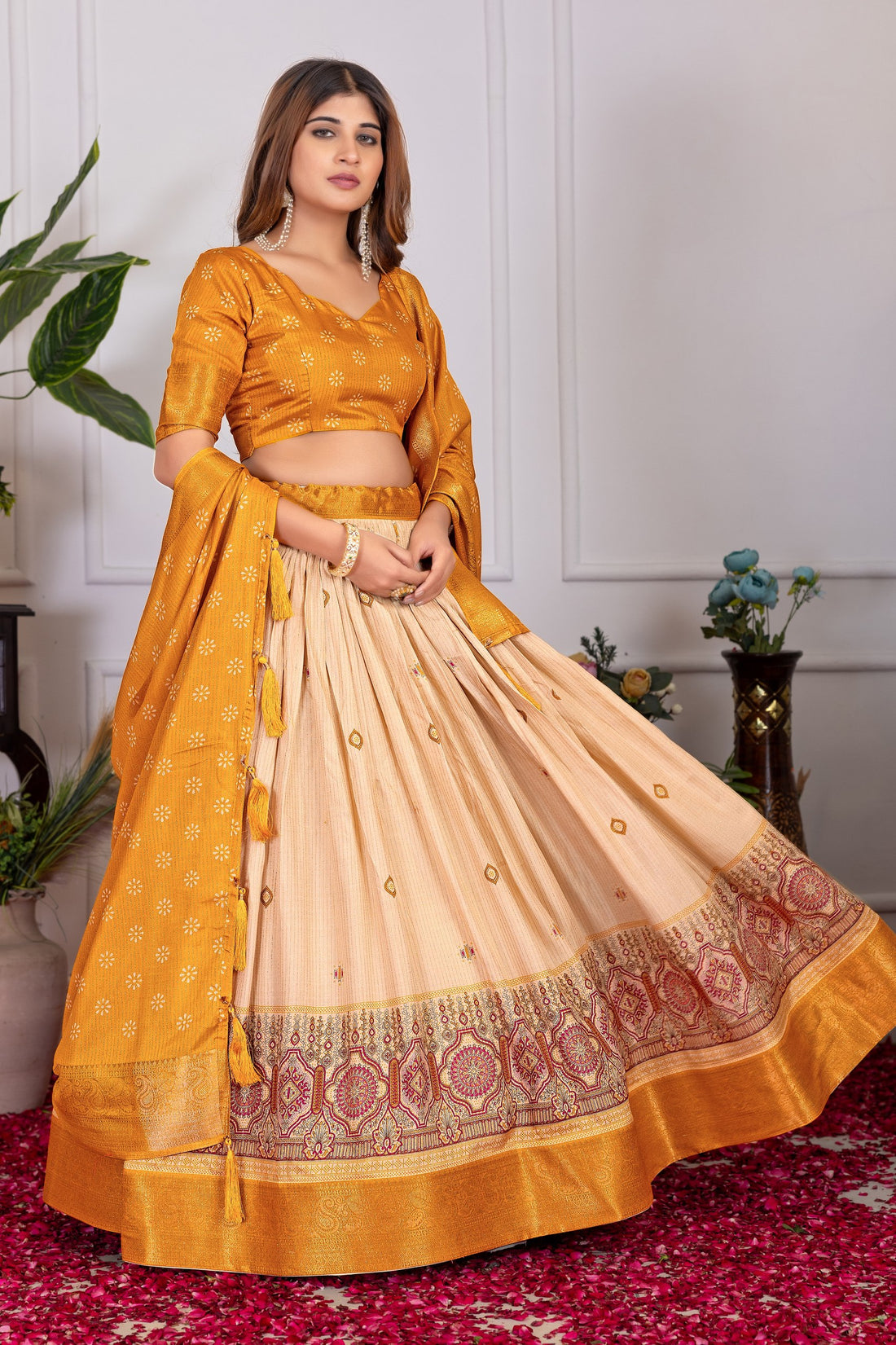 Elegant Tussar Silk Lehenga Set with Floral–Patola Print & Foil Detailing