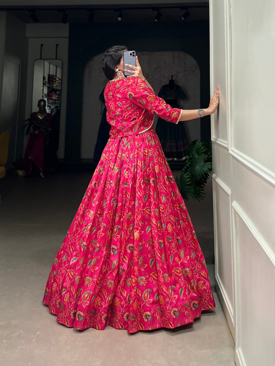 Tasar Silk Floral Print Lehenga with Blouse & Koti Jacket – Fully Stitched & Ready to Wear