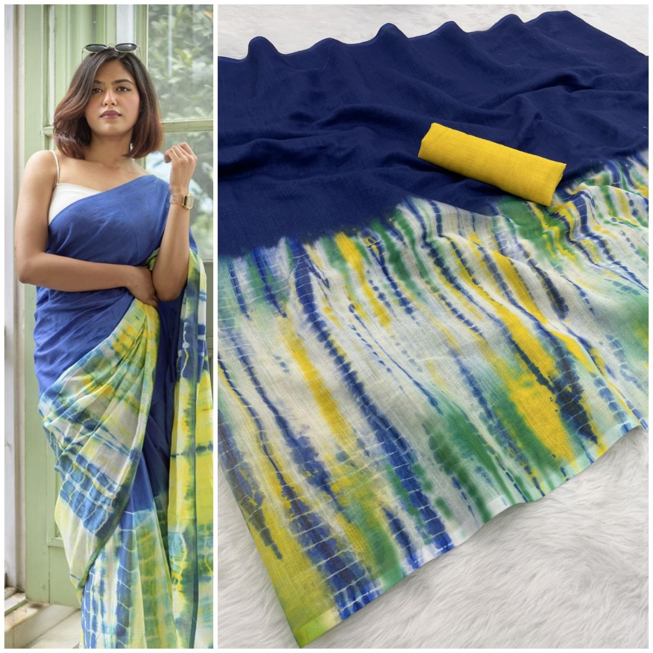 Banzaran HD Digital Printed Linen Cotton Saree – Soft Blouse + Handmade Border