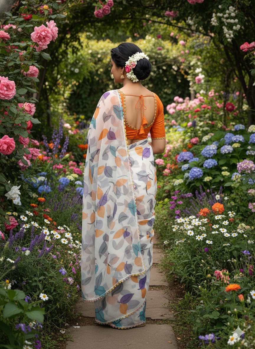 Chiffon Banzaran Soft Chiffon Saree with Floral Mill Print & Elegant Lace Border