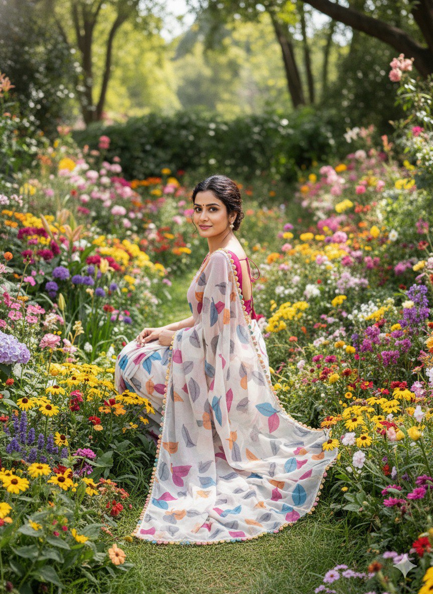 Chiffon Red  Banzaran Soft Chiffon Saree with Floral Mill Print & Elegant Lace Border