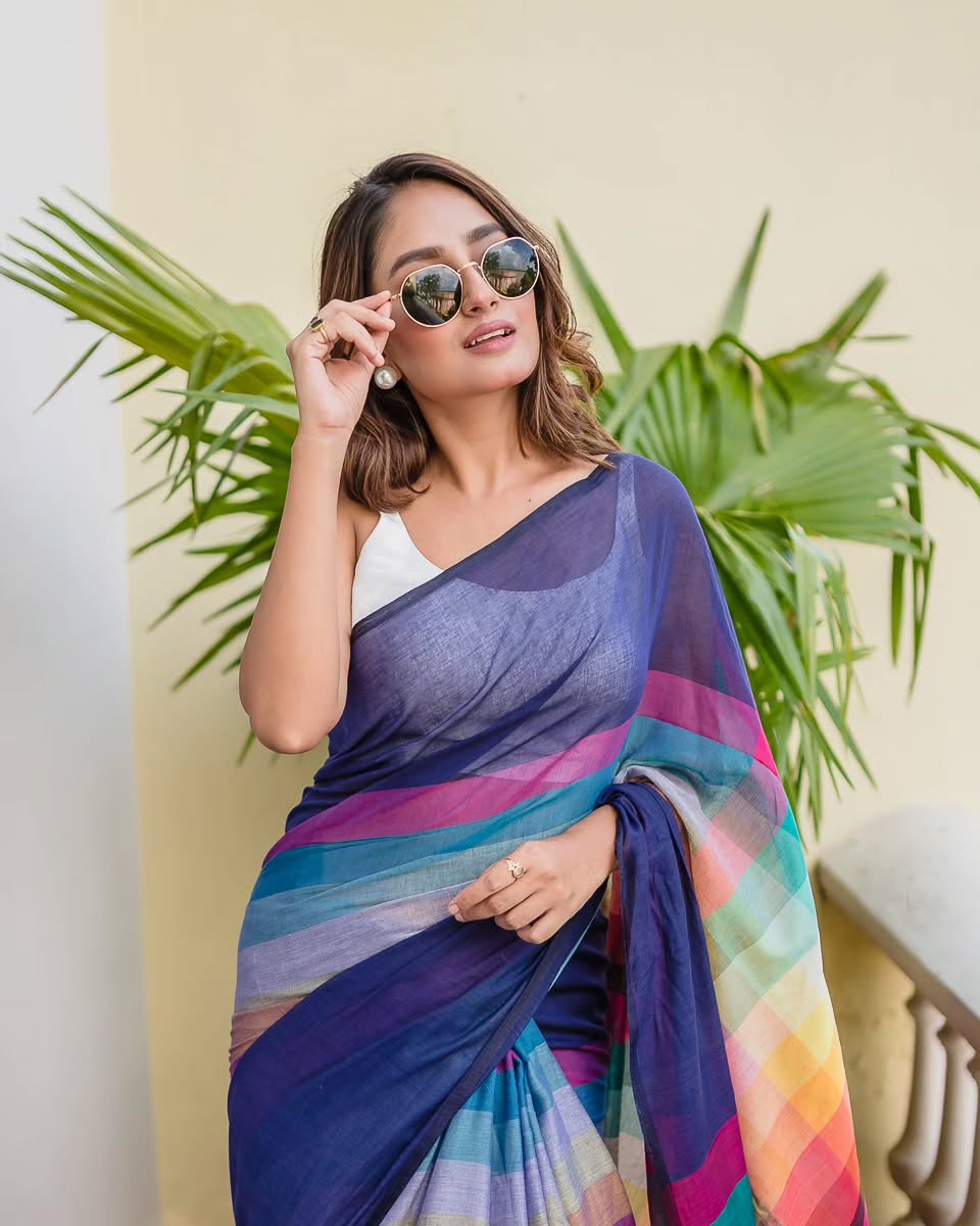 Premium Banzaran Linen Cotton Saree with HD Digital Print & Handmade Zalar Finish
