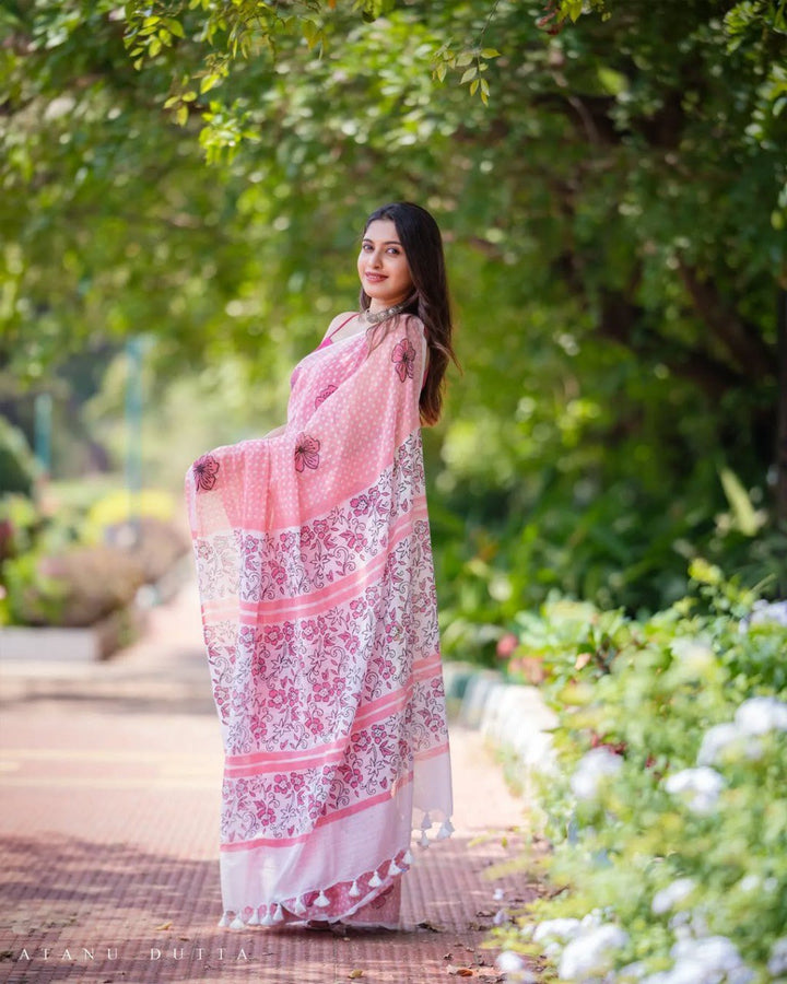 Pure Linen Cotton Saree by BANZARAN– HD Print