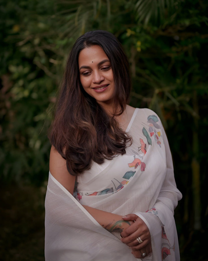 Pure Linen Cotton Digital Print  Saree | Soft Fabric, HD Print, Tassels