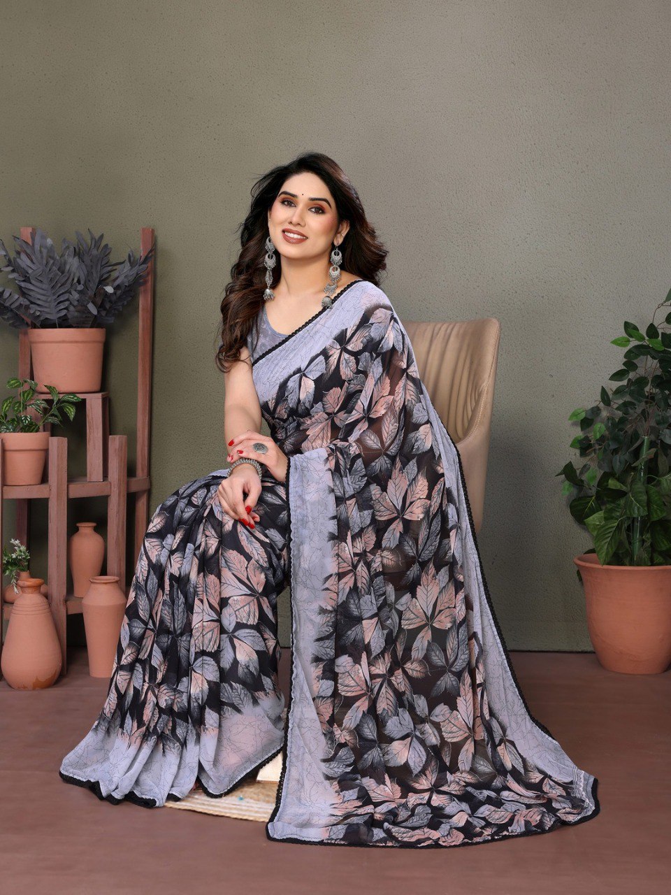 Chiffon Banzaran Floral Soft Chiffon Saree with Floral Mill Print & Elegant Lace Border