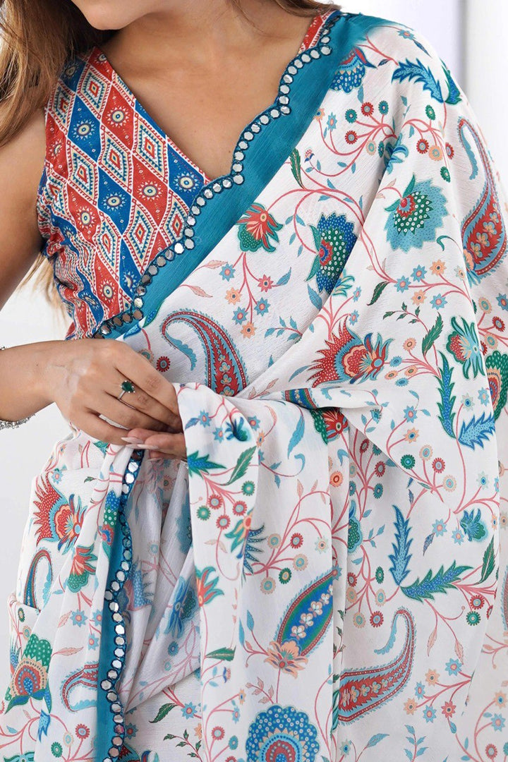 Ultra HD Ink high quality Digital printing Mirror work With Arco Border wax finishing in saree