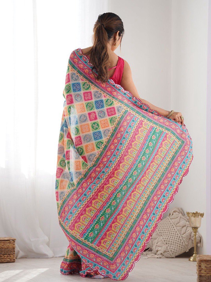 Banzaran Pure Soft Georgette Digital Print Saree with Mirror Work