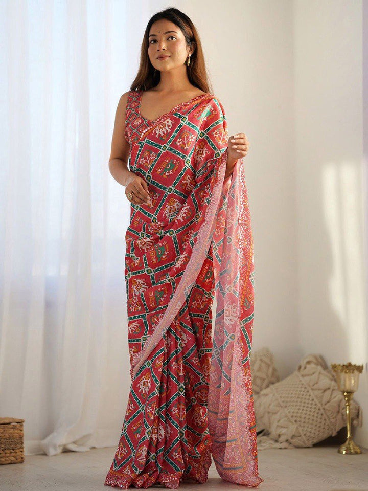 Ultra HD Ink high quality Digital printing Mirror work With Arco Border wax finishing in saree