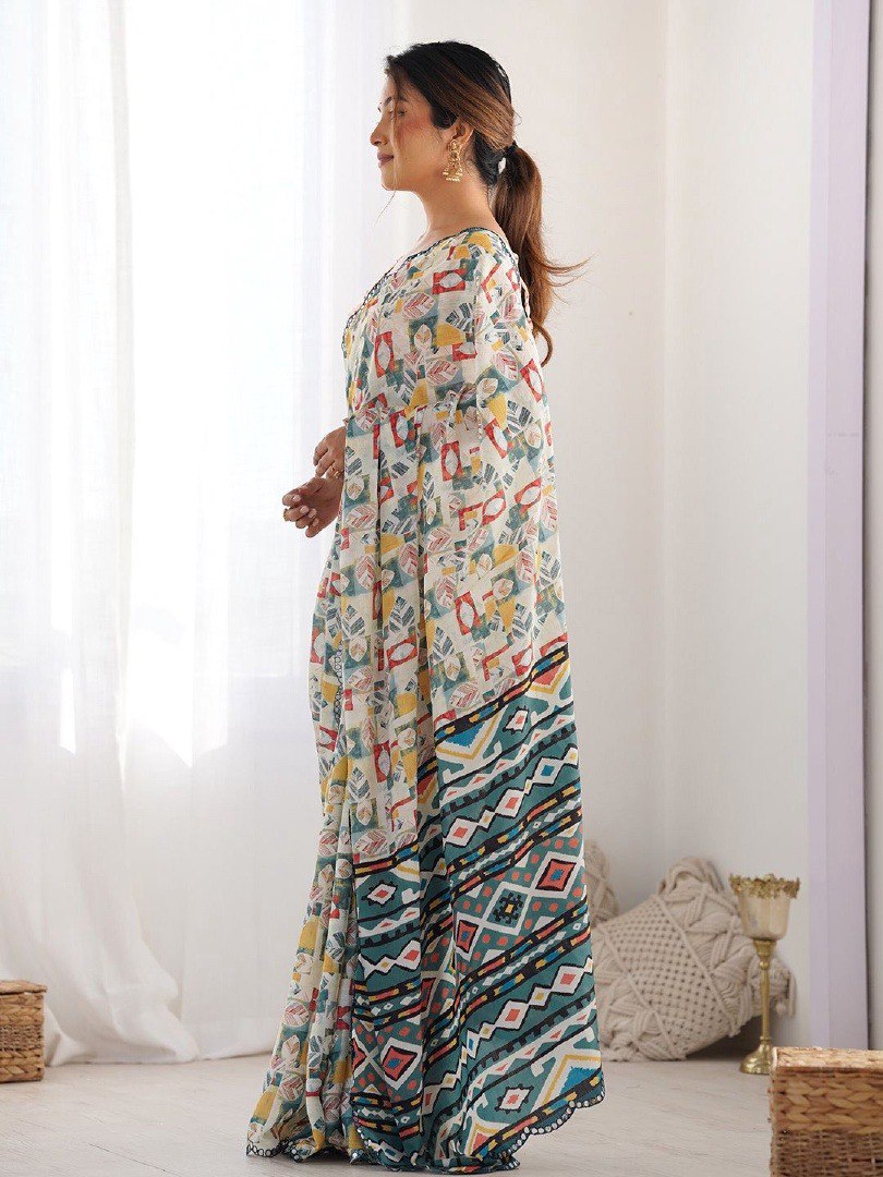 Ultra HD Ink high quality Digital printing Mirror work With Arco Border wax finishing in saree