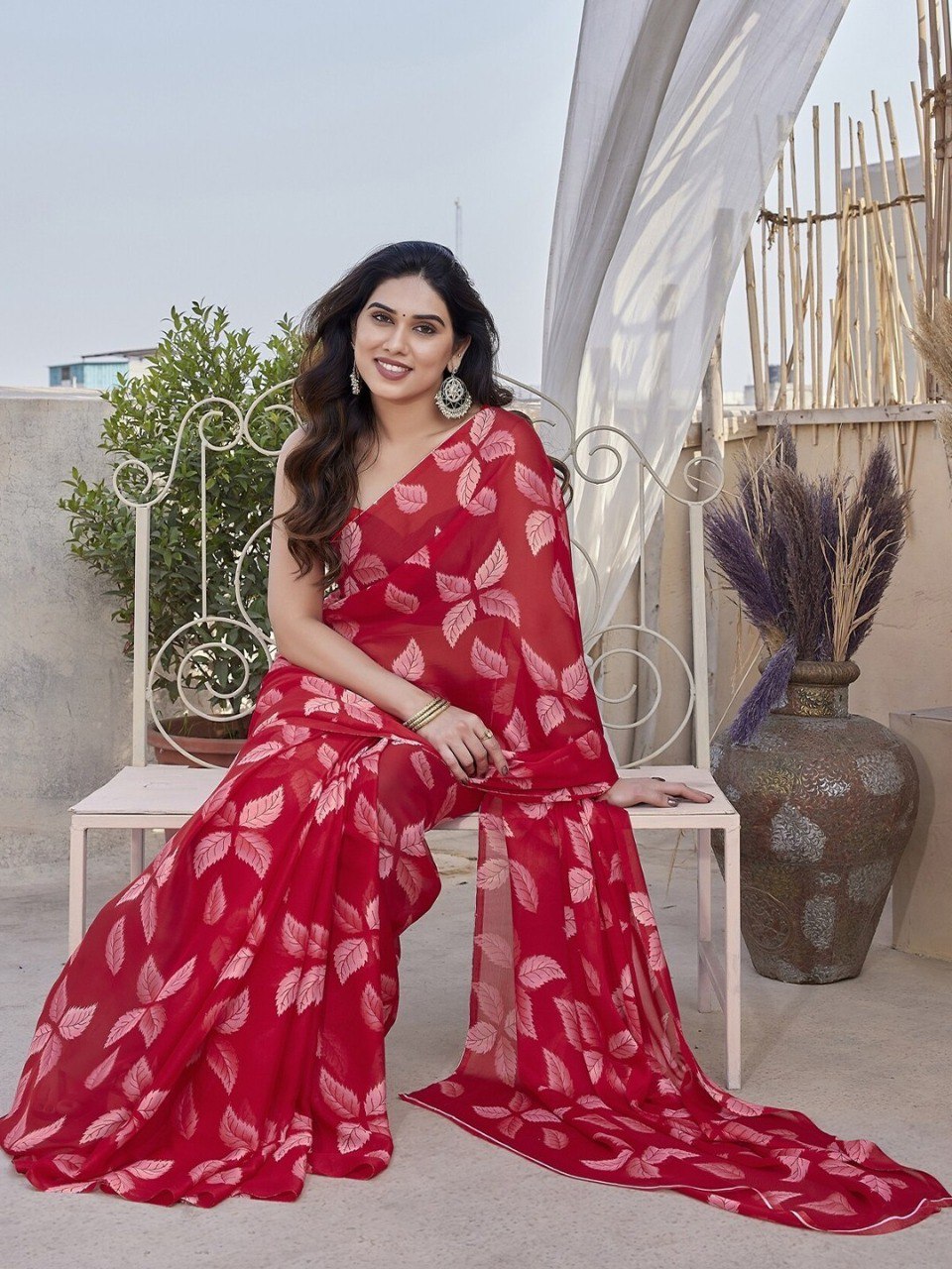 Floral  Red Printed High Quality Mill Printing with wax finishing in saree