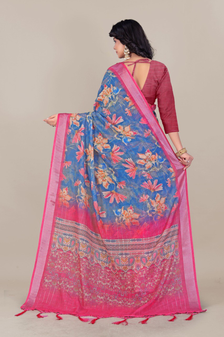 Pure Linen Cotton all Over Silver Lurex jari line with 3 × 3 Silver jari Borders