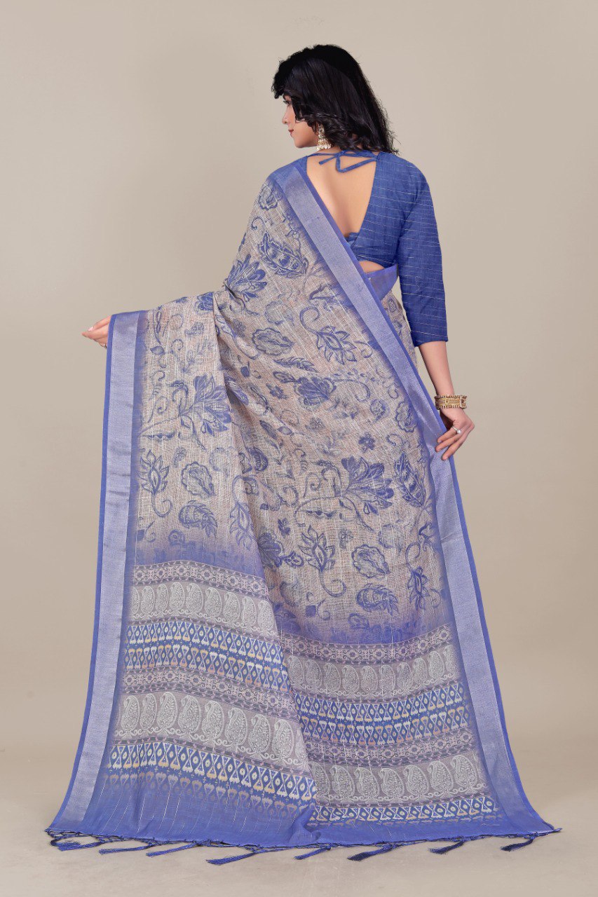 Pure Linen Cotton all Over Silver Lurex jari line with 3 × 3 Silver jari Borders