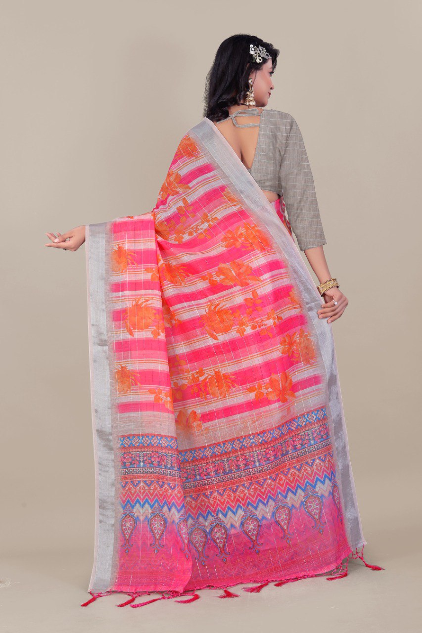 Pure Linen Cotton all Over Silver Lurex jari line with 3 × 3 Silver jari Borders