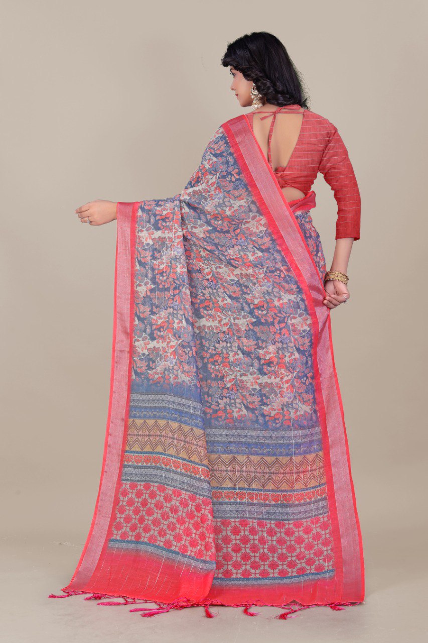 Banzaran  Designer Linen Cotton Saree with Silver Lurex Weave & Handmade Zalar