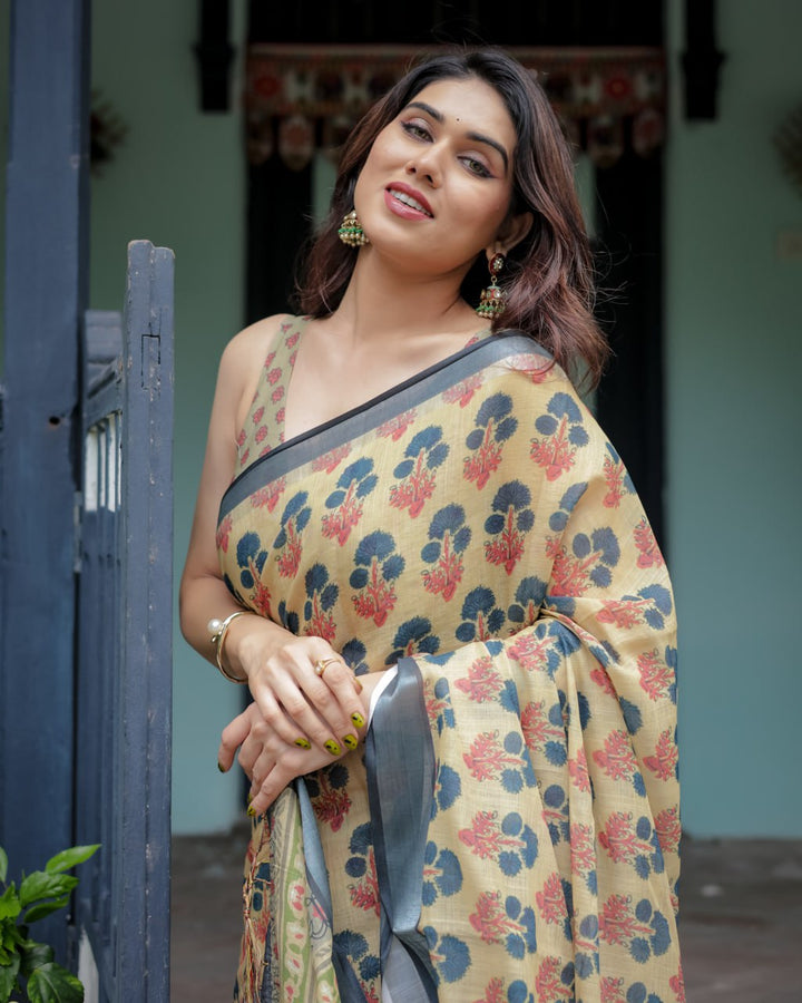 Olive Bloom Linen Cotton Saree with Floral Print & Woven Border