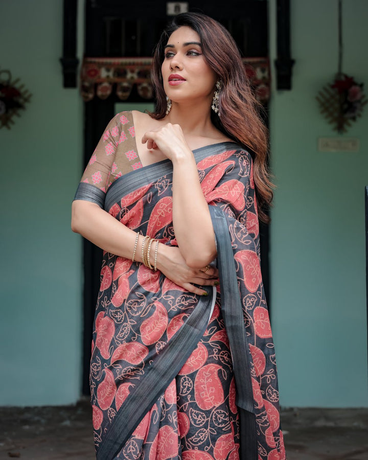Charcoal Leaf Motif Linen Cotton Saree with Elegant Woven Border