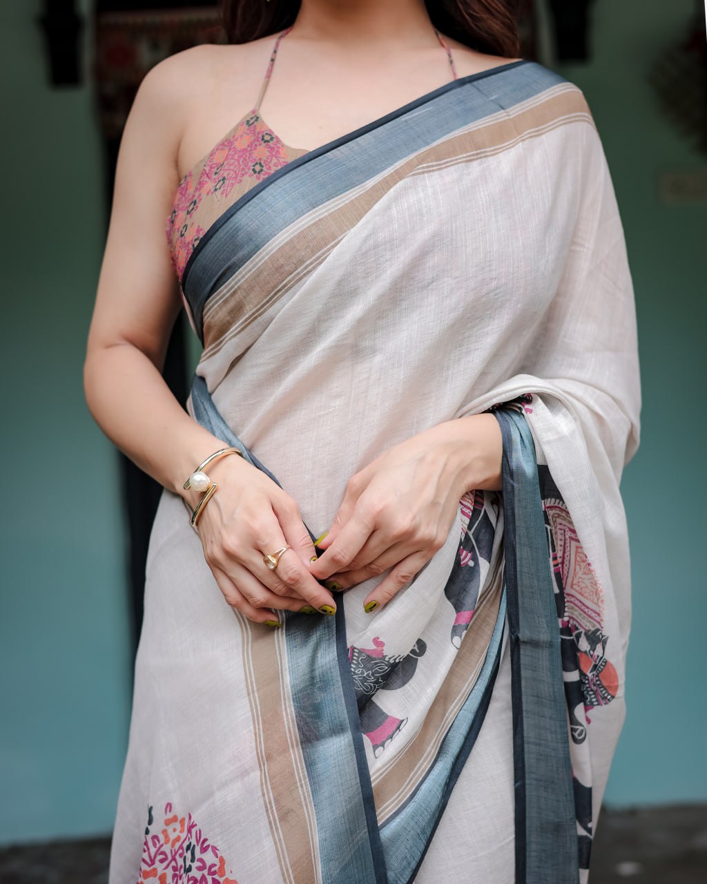 Traditional Off-White Linen Cotton Saree with Elephant Print saree