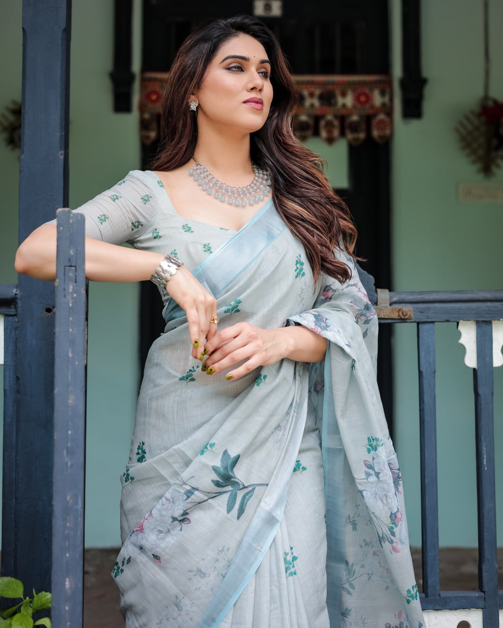 Festive Wear and  Elegant Light Slate Blue Floral Print Linen Cotton Saree
