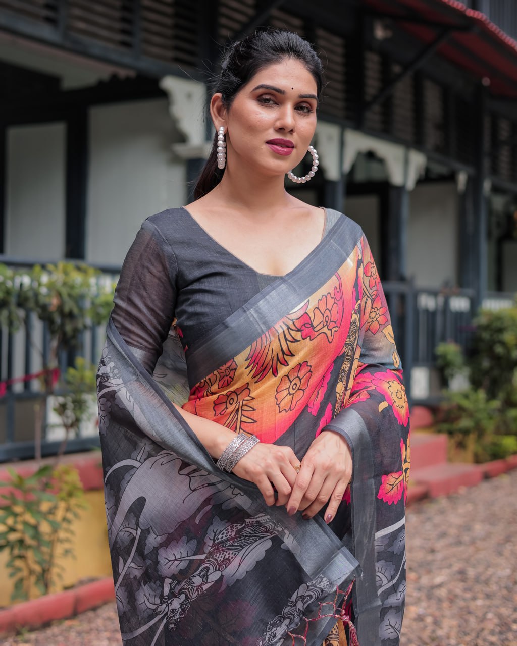 Premium Black & Multicolor Floral Linen Cotton Saree