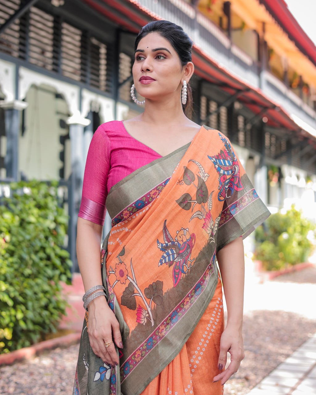 Vibrant Orange Bandhani & Kalamkari Fusion Print Linen Cotton Saree