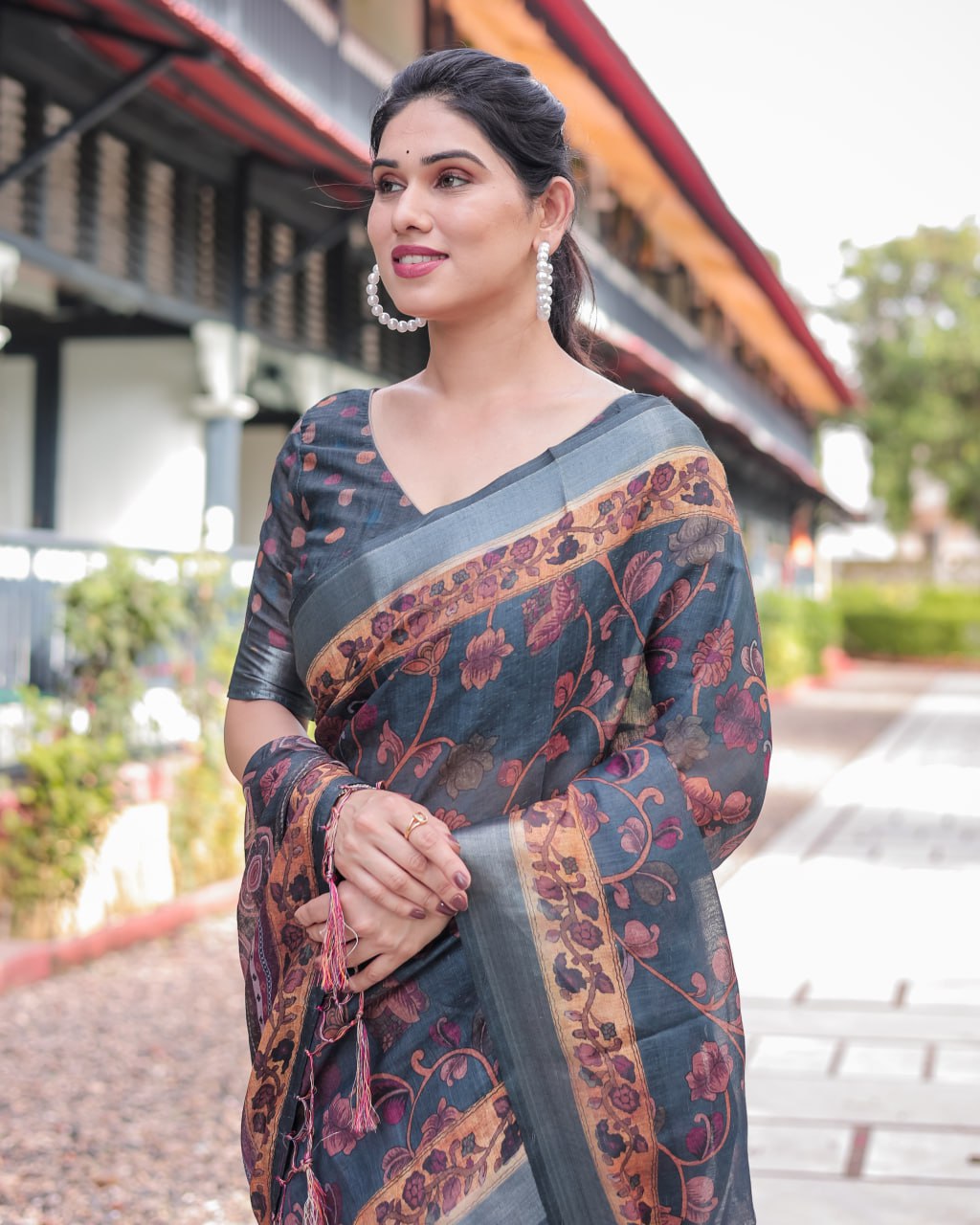 Elegant Charcoal Grey Floral Print Linen Cotton Saree