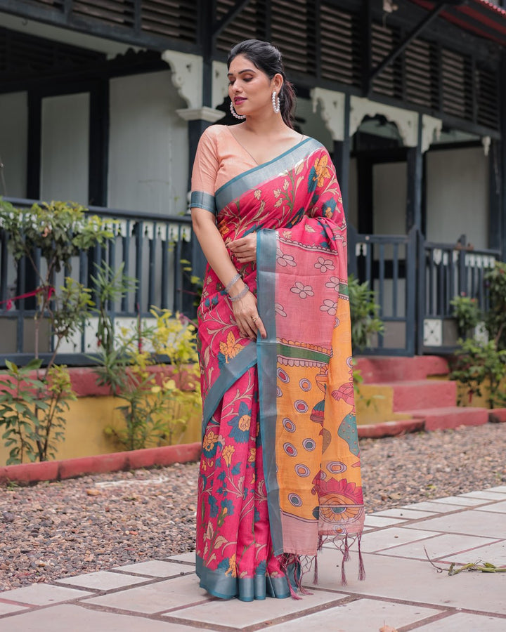 remium Festive Multicolor Artistic Print Linen Cotton Saree